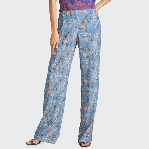 Veronica Beard Blue Pomeline Floral-Print Crepe de Chine Pants - Picture 1 of 12
